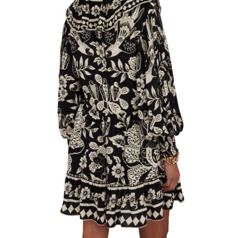 FARM RIO NWT Black & White Graphic Tropical Floral Bird Printed Ruffle Dress S - Picture 3 of 9